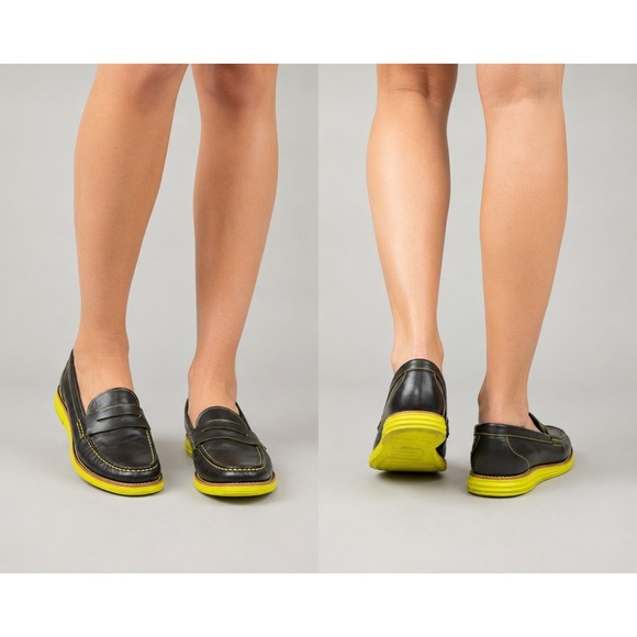 Cole Haan Shoes - Cole Haan LunarGrand Women's Penny Loafers Black Leather Volt Yellow Size 7B